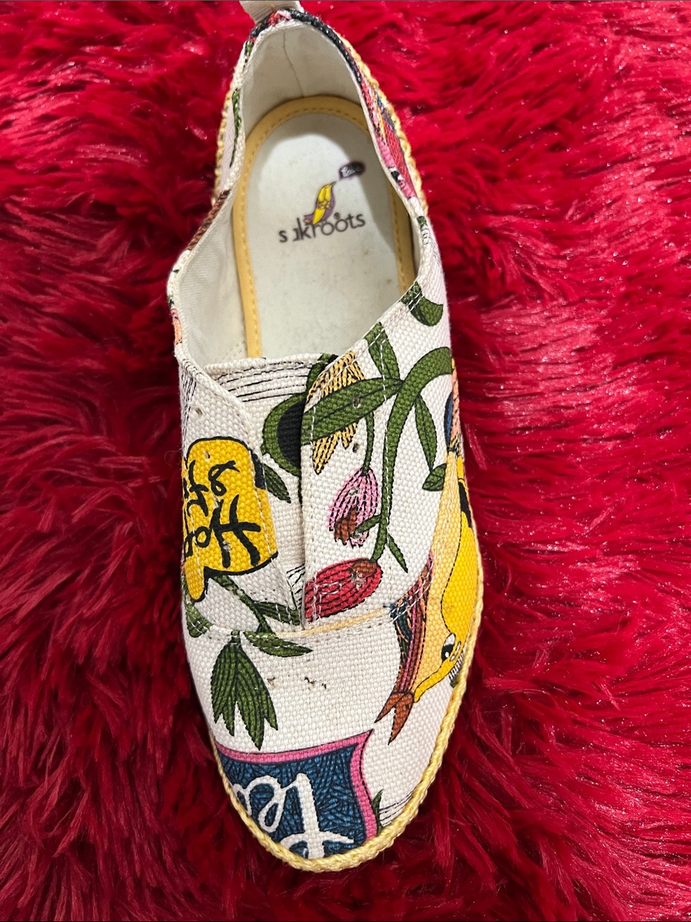 Sakroots  girls  Floral & Bird Canvaso Slip-On Espadrille - White/Yellow. Size 2